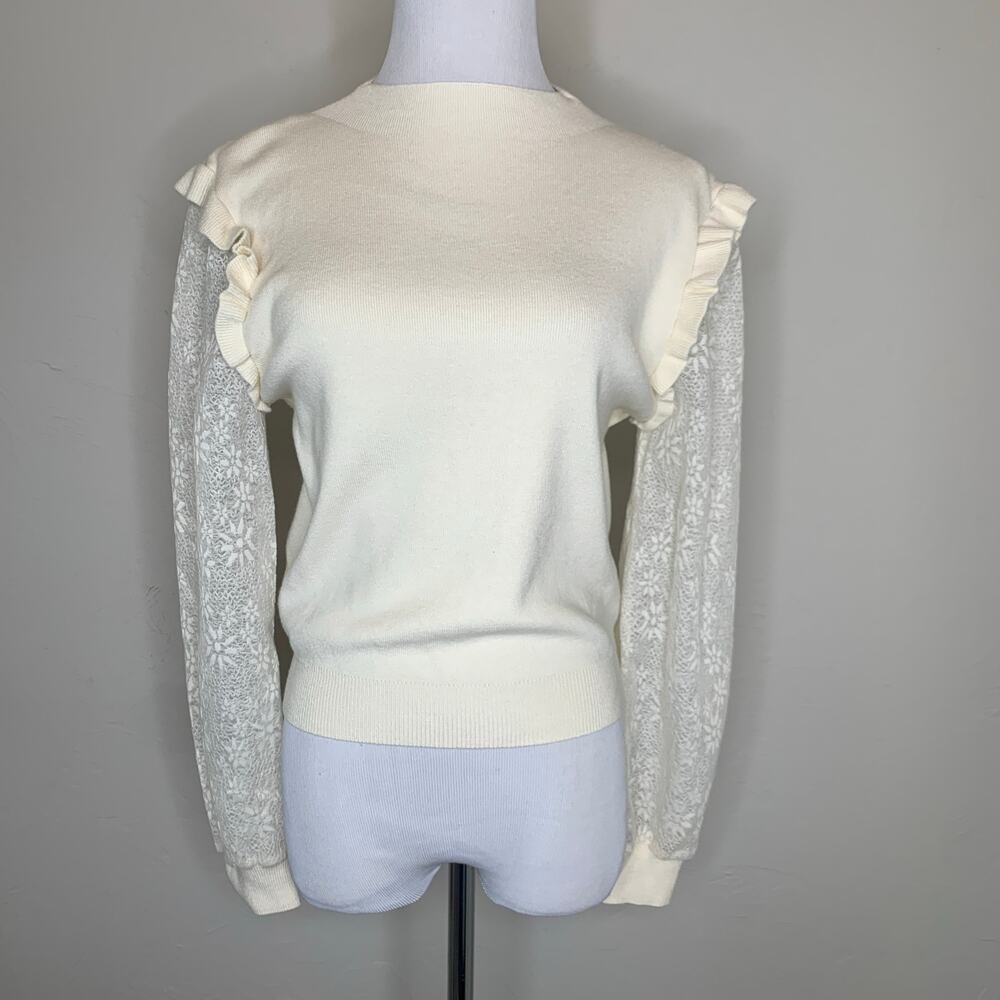 Mint Brand Cream Mock Neck Sweater Lace Sleeves Ruffle Trim Sz Medium